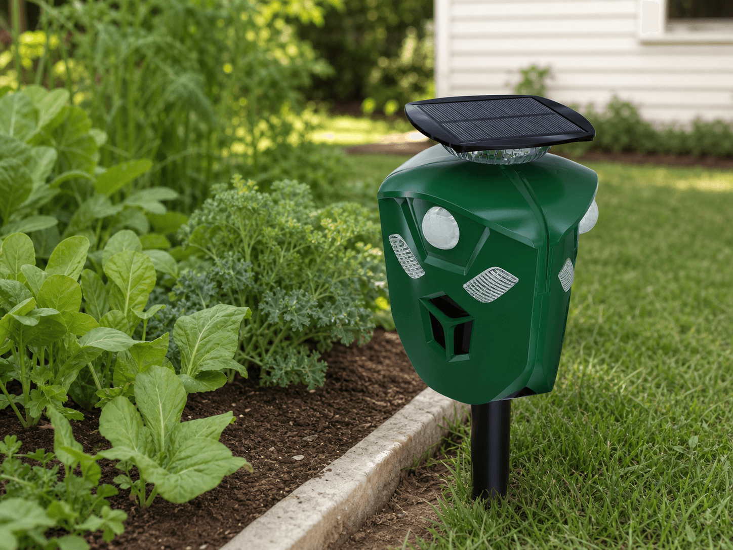 AR16 solar panel and motion sensor in a flower garden