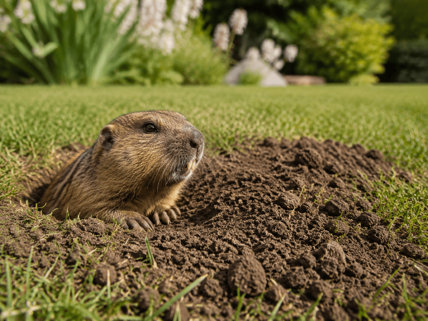 Pocket gopher emerging beside freshly disturbed soil in a residential lawn