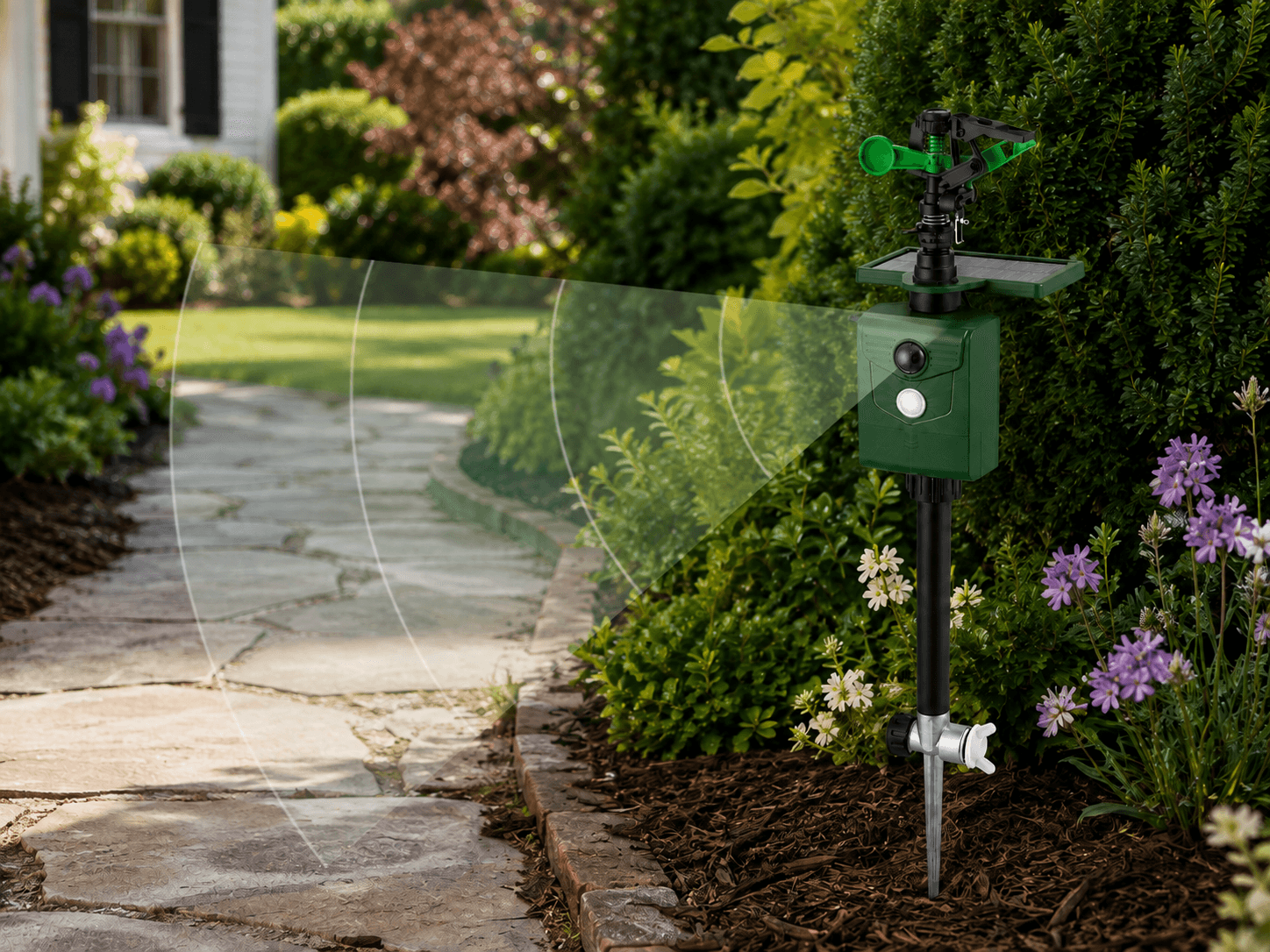 Sprinkler deterrent monitoring a wide garden approach route