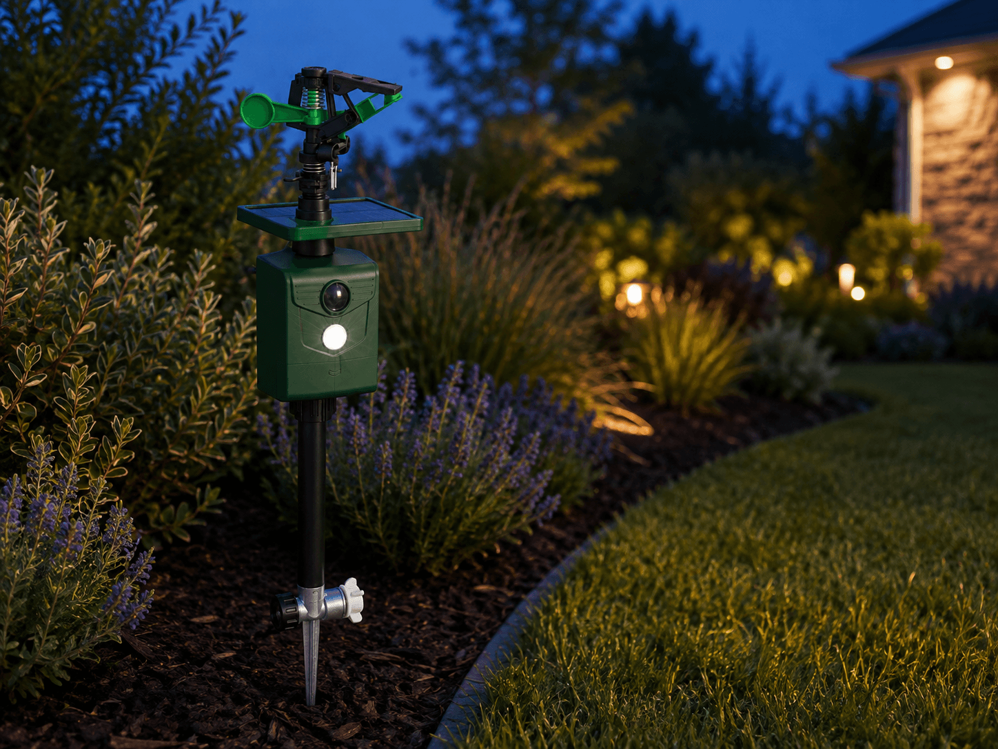 Solar-powered sprinkler deterrent operating at dusk