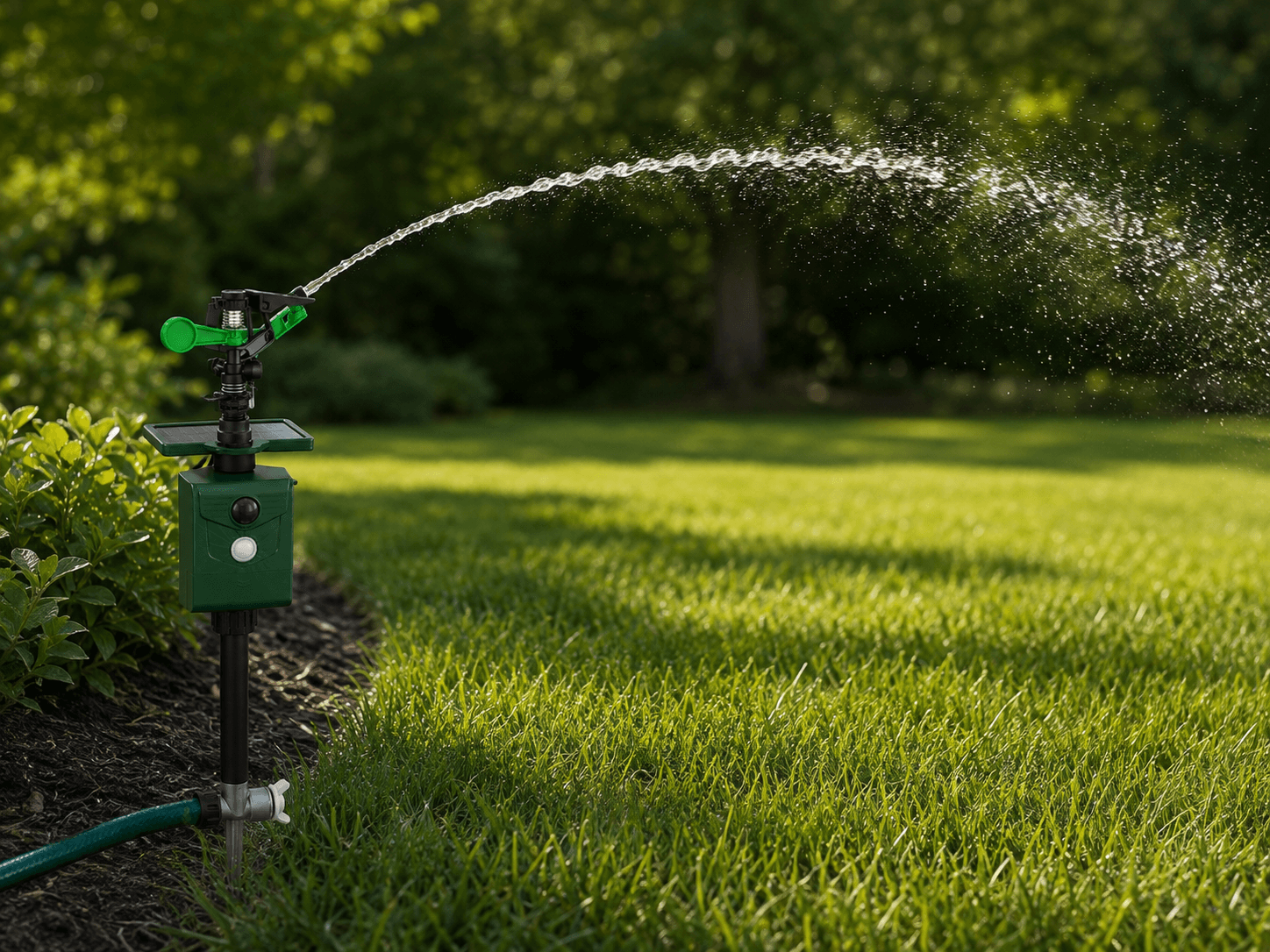 Impact sprinkler projecting a natural arc across a lawn