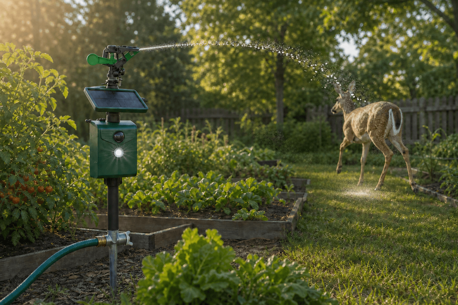 Sprinkler deterrent protecting vegetables from deer
