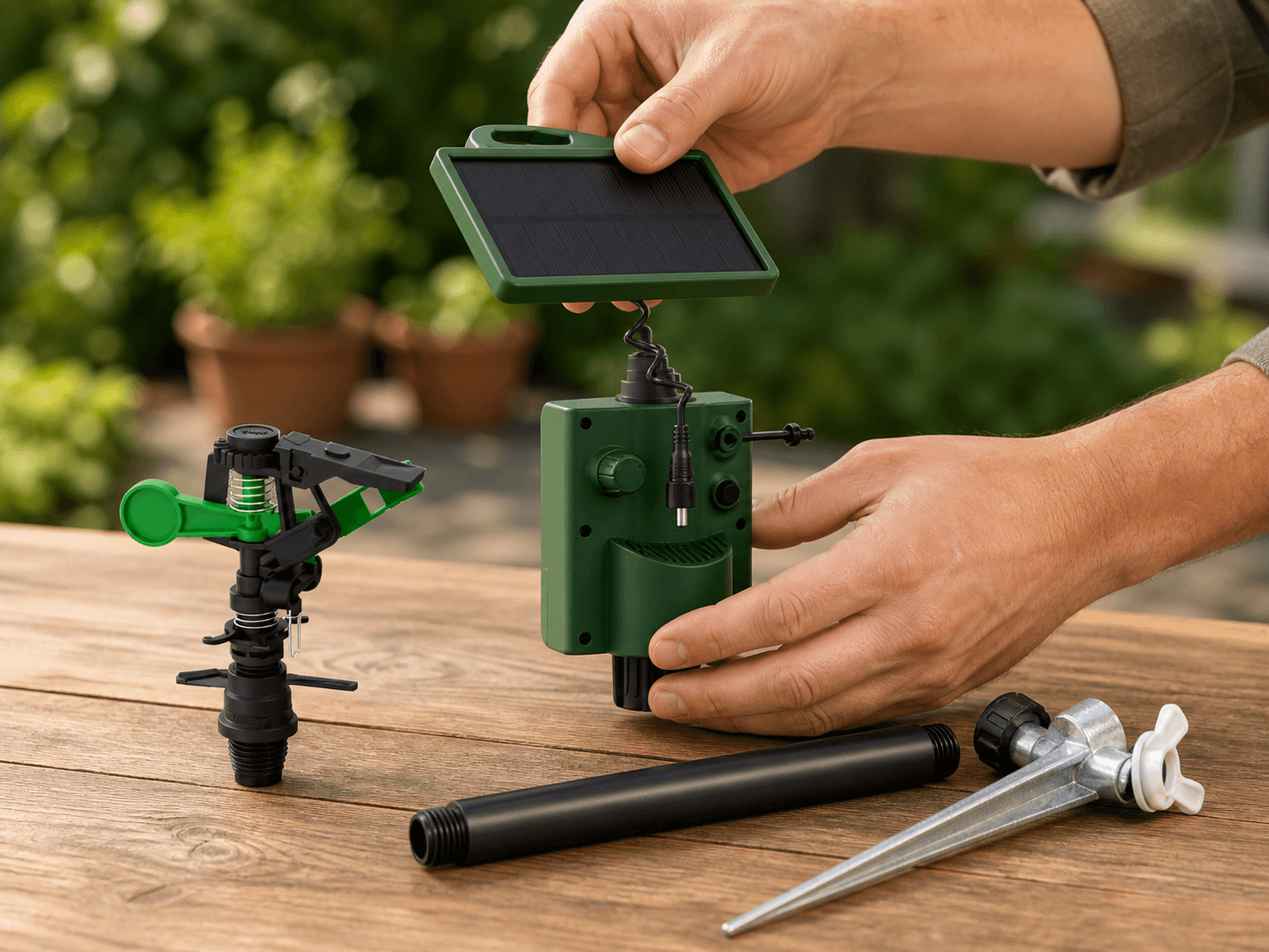 Assembling the sprinkler, solar panel, tube, and metal stake