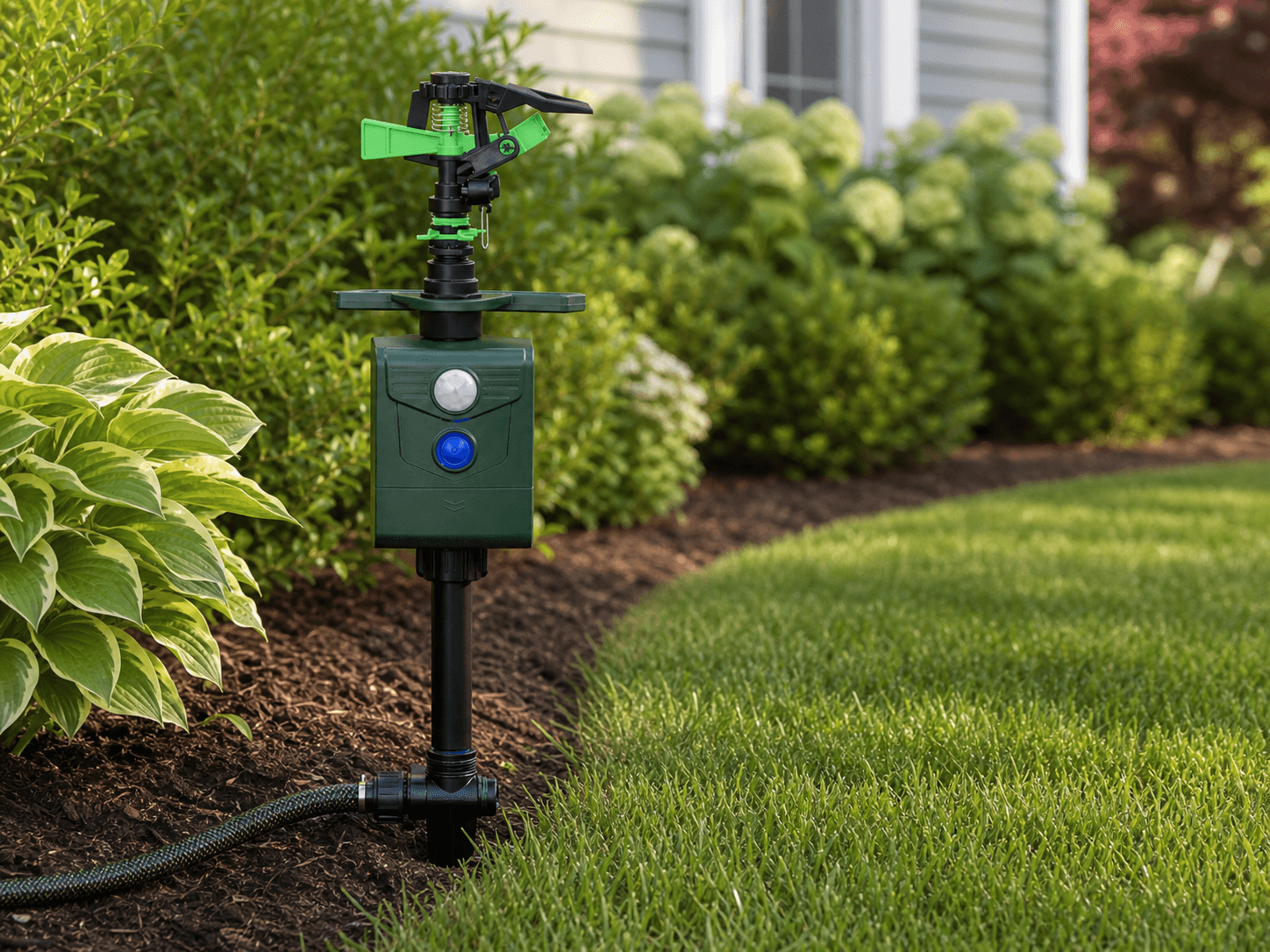 Sprinkler deterrent positioned beside a lawn and garden border
