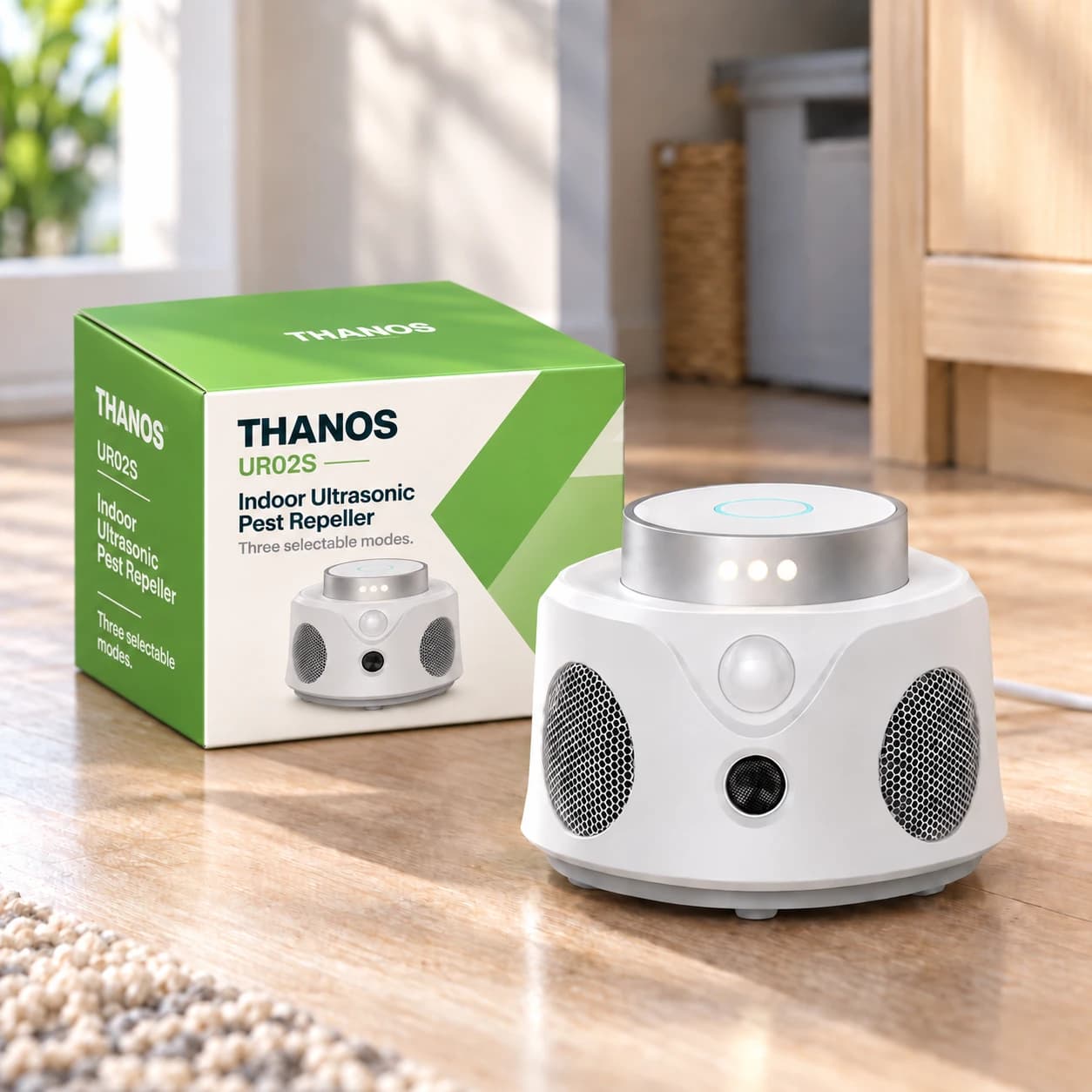 THANOS UR02S ultrasonic pest repeller with branded packaging indoors