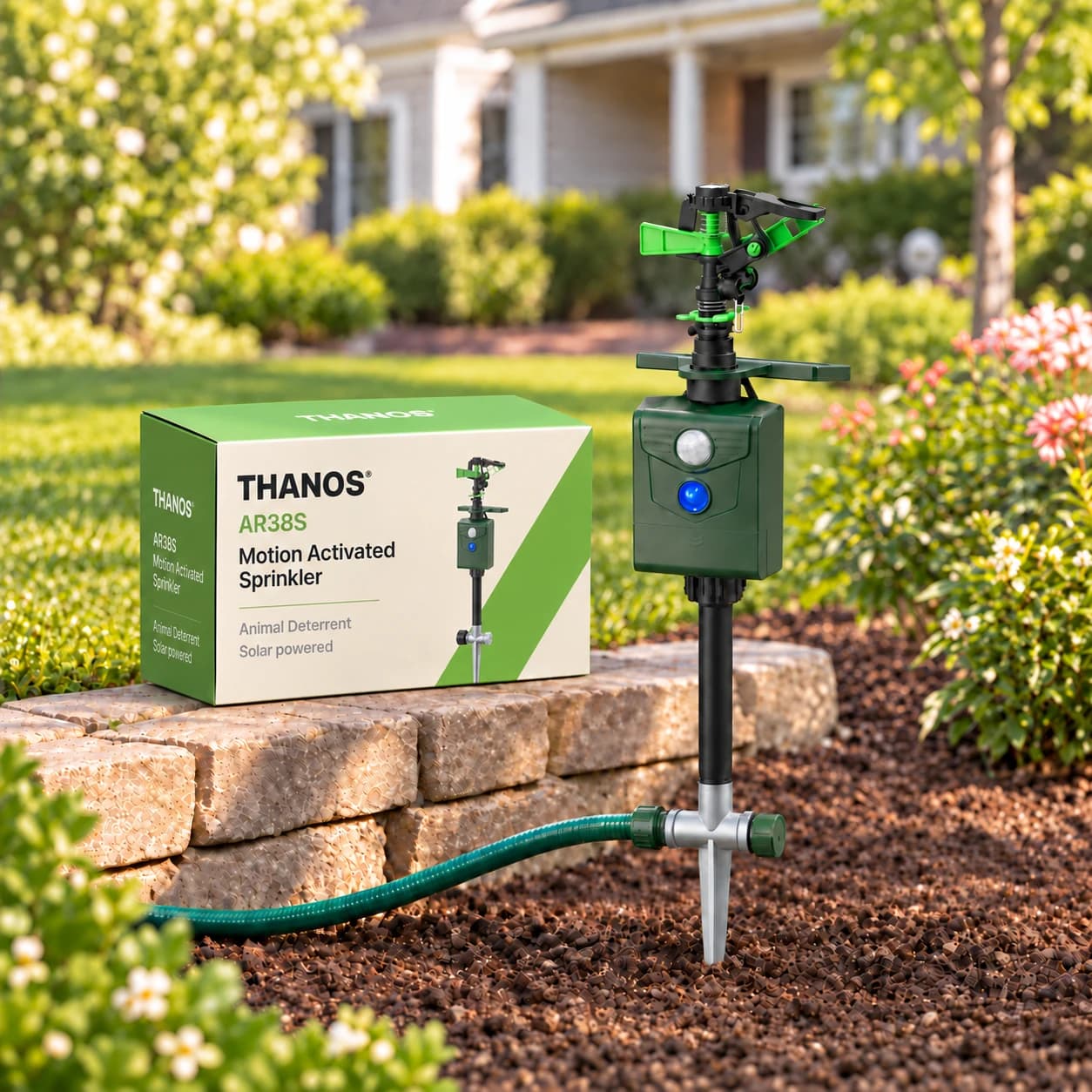 THANOS AR38S motion activated sprinkler with metal ground stake and branded packaging in a garden
