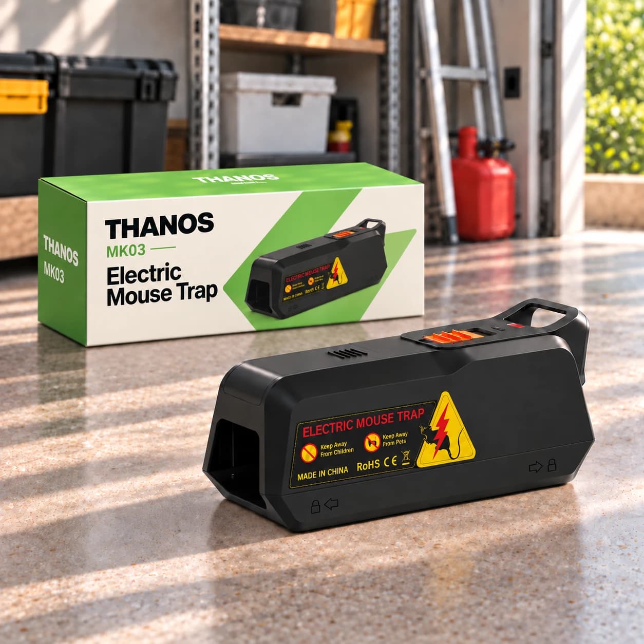 THANOS MK03 electric mouse trap with branded packaging in a garage