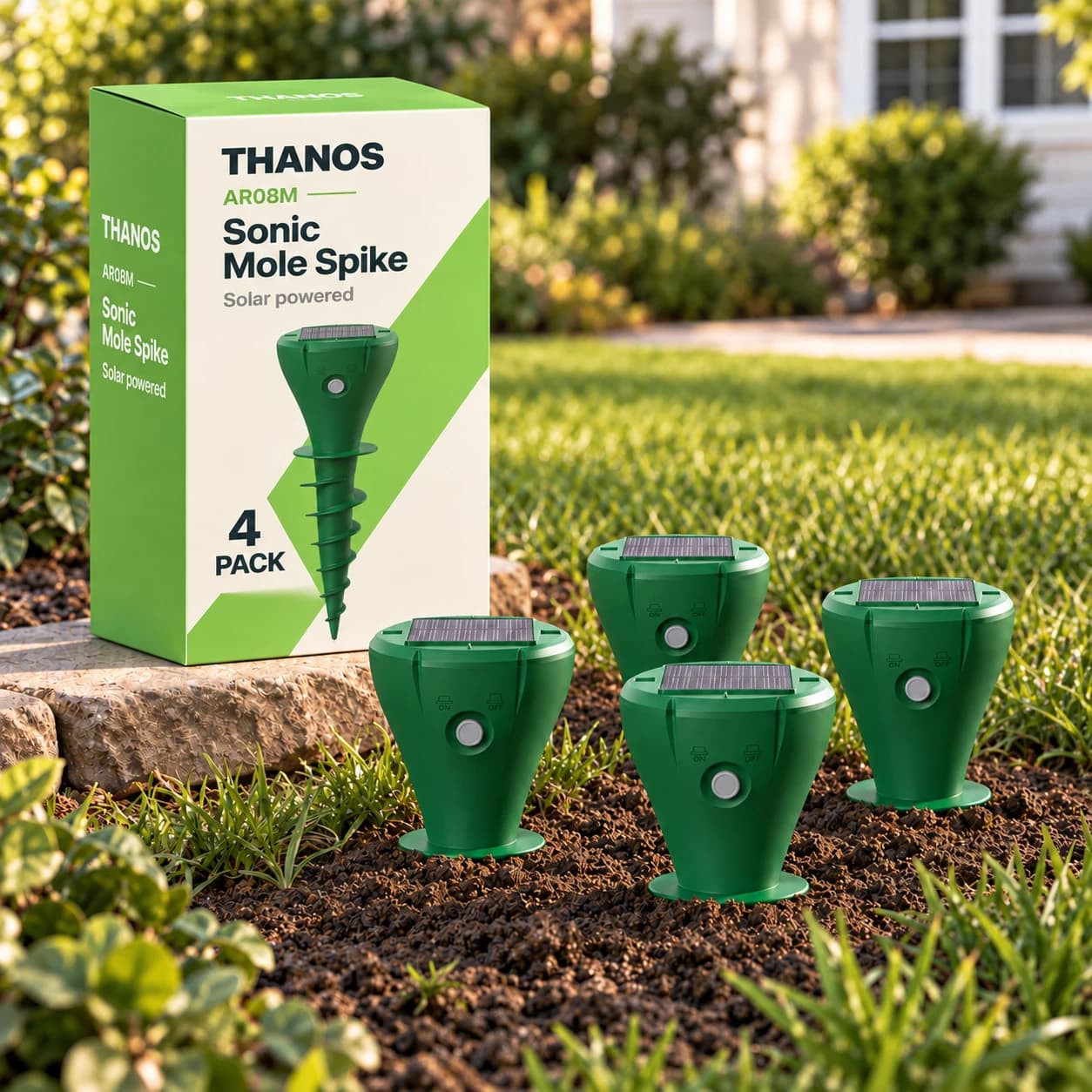 Four THANOS AR08M sonic mole spikes installed in soil beside branded packaging